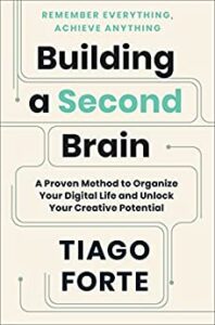 cover of Building a Second Brain by Tiago Forte, pale gray background, black and turquoise text